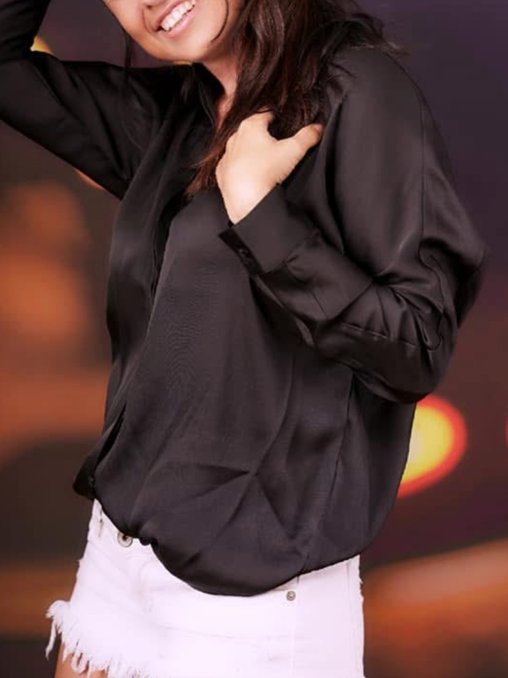 Express Black Satin Button-Down Shirt